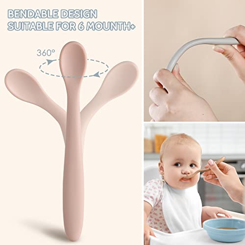 Silicone Baby Feeding Spoons, First Stage Baby Infant Spoons, Soft-Tip Easy on Gums I Baby Training Spoon Self Feeding | Baby Utensils Feeding Supplies, Dishwasher & Boil-proof, 6 Pack