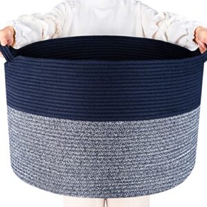 MINTWOOD Design Extra Large 22 x 14 Inches Blanket Basket Living Room, Laundry Basket, Woven Basket, Toy Storage Baskets Bin, Decorative Round Cotton Rope Basket for Pillows, Towels, Navy Blue