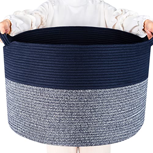 MINTWOOD Design Extra Large 22 x 14 Inches Blanket Basket Living Room, Laundry Basket, Woven Basket, Toy Storage Baskets Bin, Decorative Round Cotton Rope Basket for Pillows, Towels, Navy Blue