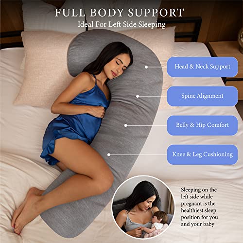 Pharmedoc Pregnancy Pillows XL J Shape Body Pillow Cooling Cover Grey, Full Body Pregnancy Pillow for Sleeping, Maternity Pillow, Pregnancy Must Haves, Side Sleeper Pillow, Nursing, Baby Shower