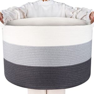 MINTWOOD Design Extra Large 22 x 14 Inches Blanket Basket Living Room, Laundry Basket, Woven Basket, Toy Storage Baskets Bin, Decorative Round Cotton Rope Basket for Pillows, Towels, 3-Tone Dark Grey