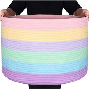 mintwood design extra large 22 x 14 inch rainbow blanket basket for colorful room decor, playroom & classroom storage basket, decorative cotton rope basket, toy storage baskets & bins, pastel rainbow