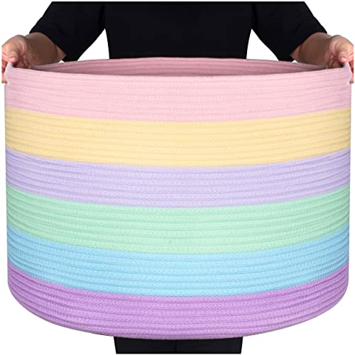 MINTWOOD Design Extra Large 22 x 14 Inch Rainbow Blanket Basket for Colorful Room Decor, Playroom & Classroom Storage Basket, Decorative Cotton Rope Basket, Toy Storage Baskets & Bins, Pastel Rainbow