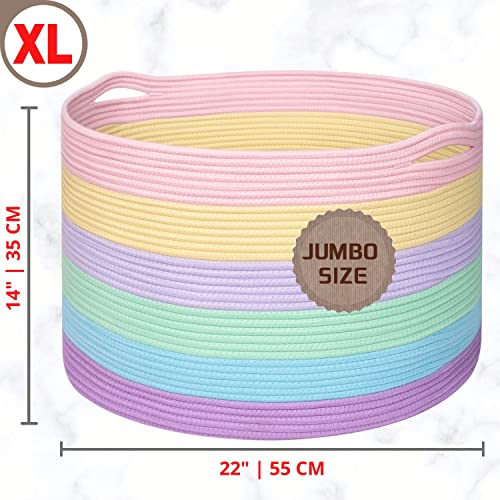 MINTWOOD Design Extra Large 22 x 14 Inch Rainbow Blanket Basket for Colorful Room Decor, Playroom & Classroom Storage Basket, Decorative Cotton Rope Basket, Toy Storage Baskets & Bins, Pastel Rainbow