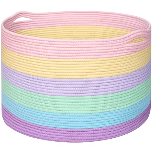 MINTWOOD Design Extra Large 22 x 14 Inch Rainbow Blanket Basket for Colorful Room Decor, Playroom & Classroom Storage Basket, Decorative Cotton Rope Basket, Toy Storage Baskets & Bins, Pastel Rainbow