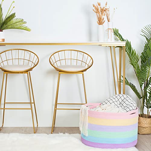 MINTWOOD Design Extra Large 22 x 14 Inch Rainbow Blanket Basket for Colorful Room Decor, Playroom & Classroom Storage Basket, Decorative Cotton Rope Basket, Toy Storage Baskets & Bins, Pastel Rainbow