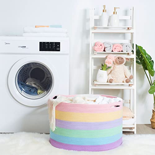 MINTWOOD Design Extra Large 22 x 14 Inch Rainbow Blanket Basket for Colorful Room Decor, Playroom & Classroom Storage Basket, Decorative Cotton Rope Basket, Toy Storage Baskets & Bins, Pastel Rainbow