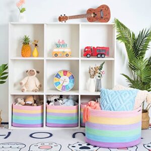 MINTWOOD Design Extra Large 22 x 14 Inch Rainbow Blanket Basket for Colorful Room Decor, Playroom & Classroom Storage Basket, Decorative Cotton Rope Basket, Toy Storage Baskets & Bins, Pastel Rainbow