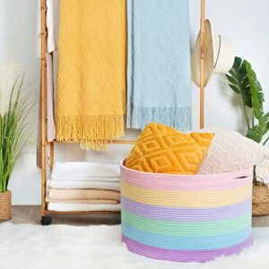 MINTWOOD Design Extra Large 22 x 14 Inch Rainbow Blanket Basket for Colorful Room Decor, Playroom & Classroom Storage Basket, Decorative Cotton Rope Basket, Toy Storage Baskets & Bins, Pastel Rainbow