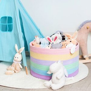 MINTWOOD Design Extra Large 22 x 14 Inch Rainbow Blanket Basket for Colorful Room Decor, Playroom & Classroom Storage Basket, Decorative Cotton Rope Basket, Toy Storage Baskets & Bins, Pastel Rainbow