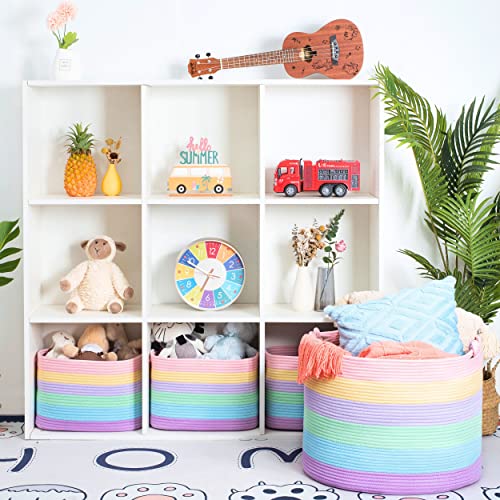 MINTWOOD Design XXXXLarge 22 x 16 Inches Decorative Cotton Rope Basket, Blanket Basket Living Room, Laundry Basket, Woven Basket, Toy Storage Baskets Bin, Round Pillows Towels Basket, Pastel Rainbow