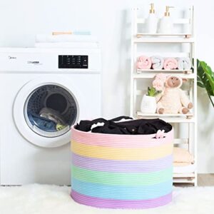 MINTWOOD Design XXXXLarge 22 x 16 Inches Decorative Cotton Rope Basket, Blanket Basket Living Room, Laundry Basket, Woven Basket, Toy Storage Baskets Bin, Round Pillows Towels Basket, Pastel Rainbow