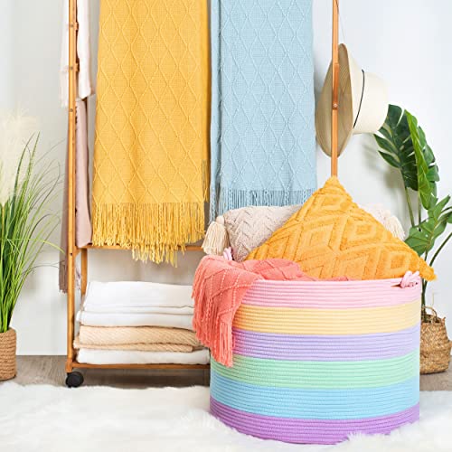 MINTWOOD Design XXXXLarge 22 x 16 Inches Decorative Cotton Rope Basket, Blanket Basket Living Room, Laundry Basket, Woven Basket, Toy Storage Baskets Bin, Round Pillows Towels Basket, Pastel Rainbow