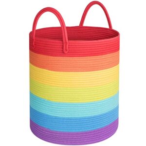 mintwood design large decorative woven cotton rope basket, tall laundry basket hamper, blanket basket for living room, storage baskets for toys, towel, throw, pillow, 60l rainbow