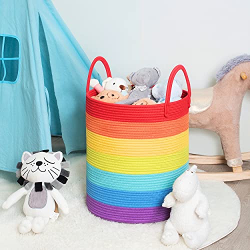 MINTWOOD Design Large Decorative Woven Cotton Rope Basket, Tall Laundry Basket Hamper, Blanket Basket for Living Room, Storage Baskets for Toys, Towel, Throw, Pillow, 60L Rainbow