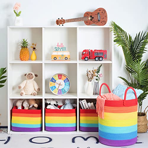 MINTWOOD Design Large Decorative Woven Cotton Rope Basket, Tall Laundry Basket Hamper, Blanket Basket for Living Room, Storage Baskets for Toys, Towel, Throw, Pillow, 60L Rainbow