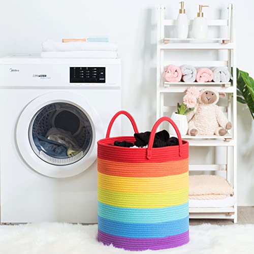 MINTWOOD Design Large Decorative Woven Cotton Rope Basket, Tall Laundry Basket Hamper, Blanket Basket for Living Room, Storage Baskets for Toys, Towel, Throw, Pillow, 60L Rainbow