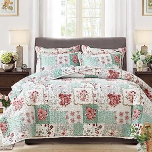uozzi bedding 3 piece floral patchwork quilt set queen size white green lightweight coverlet bedspread with red flower floral plaid patchwork spring and summer quilt set (1 quilt+ 2 shams)