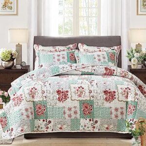 UOZZI BEDDING 3 Piece Floral Patchwork Quilt Set Queen Size White Green Lightweight Coverlet Bedspread with Red Flower Floral Plaid Patchwork Spring and Summer Quilt Set (1 Quilt+ 2 Shams)