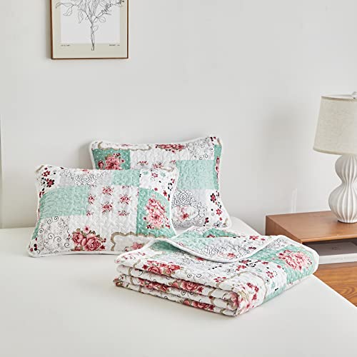 UOZZI BEDDING 3 Piece Floral Patchwork Quilt Set Queen Size White Green Lightweight Coverlet Bedspread with Red Flower Floral Plaid Patchwork Spring and Summer Quilt Set (1 Quilt+ 2 Shams)