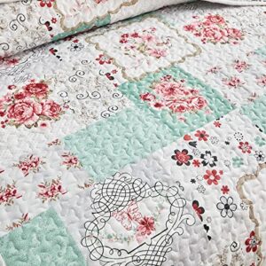 UOZZI BEDDING 3 Piece Floral Patchwork Quilt Set Queen Size White Green Lightweight Coverlet Bedspread with Red Flower Floral Plaid Patchwork Spring and Summer Quilt Set (1 Quilt+ 2 Shams)