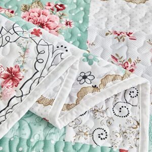 UOZZI BEDDING 3 Piece Floral Patchwork Quilt Set Queen Size White Green Lightweight Coverlet Bedspread with Red Flower Floral Plaid Patchwork Spring and Summer Quilt Set (1 Quilt+ 2 Shams)