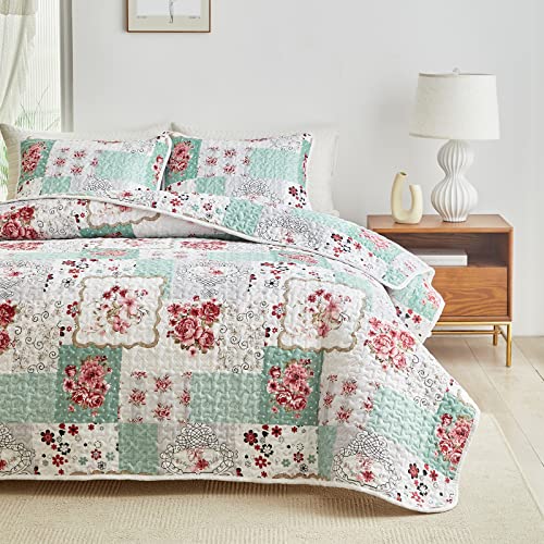 UOZZI BEDDING 3 Piece Floral Patchwork Quilt Set Queen Size White Green Lightweight Coverlet Bedspread with Red Flower Floral Plaid Patchwork Spring and Summer Quilt Set (1 Quilt+ 2 Shams)