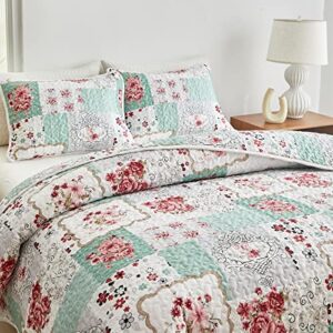 UOZZI BEDDING 3 Piece Floral Patchwork Quilt Set Queen Size White Green Lightweight Coverlet Bedspread with Red Flower Floral Plaid Patchwork Spring and Summer Quilt Set (1 Quilt+ 2 Shams)