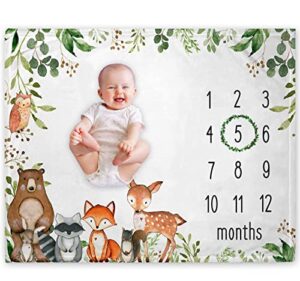 yuzioey woodland baby monthly milestone blanket, woodland animals baby growth chart monthly blanket, watch me grow baby woodland forest nursery for new moms baby shower, includes marker (50"x40")