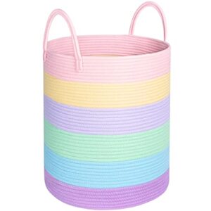 mintwood design large decorative woven cotton rope basket, tall laundry basket hamper, blanket basket for living room, storage baskets for toys, towel, throw, pillow, 60l pastel rainbow