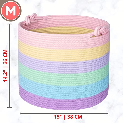 MINTWOOD Design 15 x 14.2 Inches Woven Cotton Rope Storage Basket, Stuffed Toy Basket Bin, Laundry Basket Hamper, Nursery Basket, Dog Toy Basket, Blanket Basket, Gift Basket, Pastel Rainbow