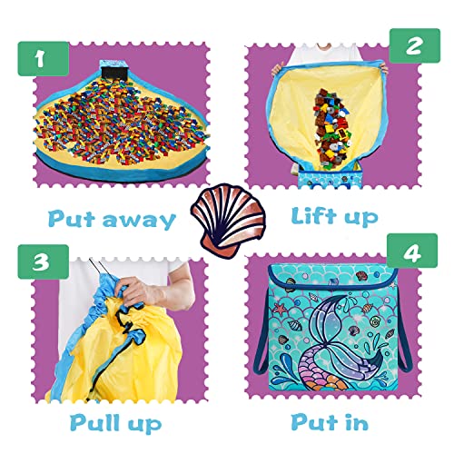 Wetrybest Portable Toy Storage Organizer and Play Mat for kids - Girls Mermaid playroom organization and storage - Building bricks bin for toys box with lid - Keep your room clean-Quick tidy up