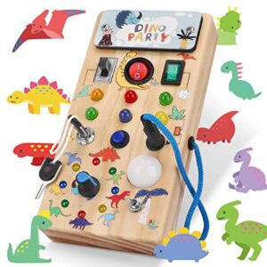 syahro montessori busy board, wooden kid sensory board, dino led light switch travel toy, baby road trip essentials, christmas & birthday gift for 1+ toddler boy and girl