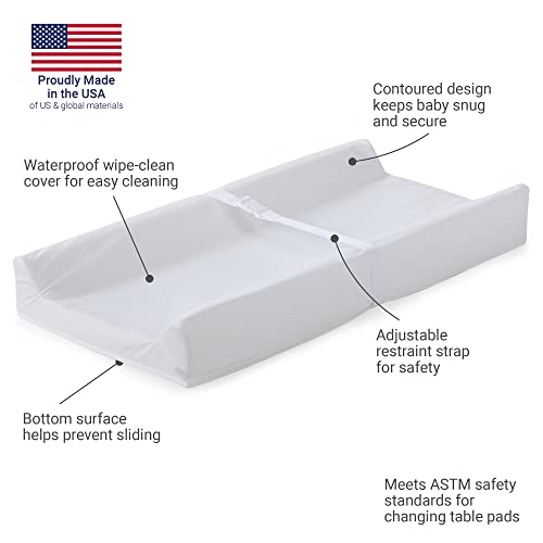 Kolcraft Waterproof Contoured Baby Diaper Changing Pad for Dresser or Changing Table, Easy Clean, Soybean Enhanced Foam, Safety Restraint Belt and Anchoring Straps, Made in USA - White, 17" x 33"