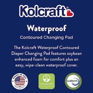 Kolcraft Waterproof Contoured Baby Diaper Changing Pad for Dresser or Changing Table, Easy Clean, Soybean Enhanced Foam, Safety Restraint Belt and Anchoring Straps, Made in USA - White, 17" x 33"