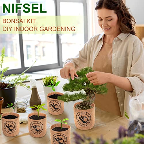 Bonsai Tree kit -NIFSEL Bonsai Growing Kit - Complete Starter kit, 5 Types of Trees - Culture Medium, Plant Marker, Burlap Pots - Indoor Garden Gardening - Unique Garden Gift, Housewarming Present