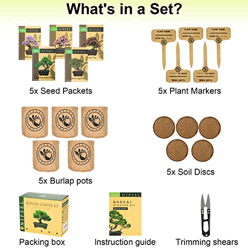 Bonsai Tree kit -NIFSEL Bonsai Growing Kit - Complete Starter kit, 5 Types of Trees - Culture Medium, Plant Marker, Burlap Pots - Indoor Garden Gardening - Unique Garden Gift, Housewarming Present