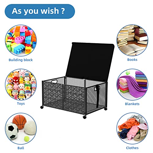 IDMOP Large Metal Toy Box Storage,Toy Box Chest with Lid,Collapsible Sturdy Toy Storage Bins With Wheels,Toy Storage Baskets with Handles for Nursery Playroom (1 Pack, Black)