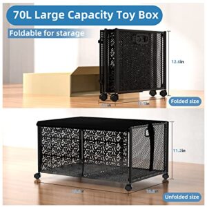 IDMOP Large Metal Toy Box Storage,Toy Box Chest with Lid,Collapsible Sturdy Toy Storage Bins With Wheels,Toy Storage Baskets with Handles for Nursery Playroom (1 Pack, Black)