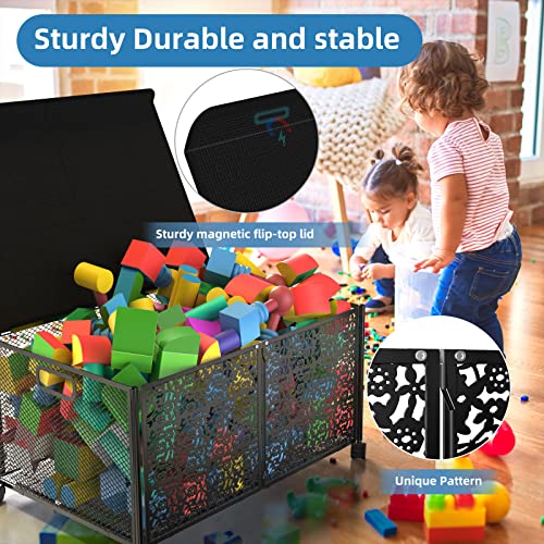 IDMOP Large Metal Toy Box Storage,Toy Box Chest with Lid,Collapsible Sturdy Toy Storage Bins With Wheels,Toy Storage Baskets with Handles for Nursery Playroom (1 Pack, Black)