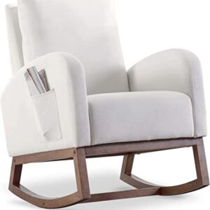 Belandi Rocking Chair Nursery, Velvet Nursery Glider Upholstered Accent Rocker Armchair with Side Pocket for Living Room Bedroom Offices (Cream White)