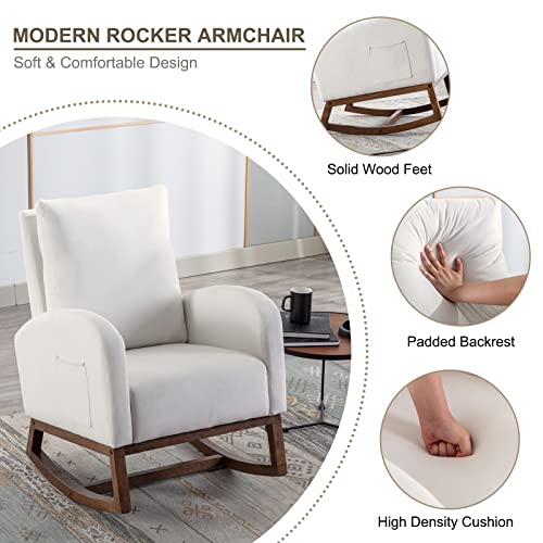 Belandi Rocking Chair Nursery, Velvet Nursery Glider Upholstered Accent Rocker Armchair with Side Pocket for Living Room Bedroom Offices (Cream White)