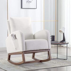 Belandi Rocking Chair Nursery, Velvet Nursery Glider Upholstered Accent Rocker Armchair with Side Pocket for Living Room Bedroom Offices (Cream White)