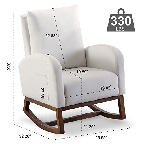 Belandi Rocking Chair Nursery, Velvet Nursery Glider Upholstered Accent Rocker Armchair with Side Pocket for Living Room Bedroom Offices (Cream White)