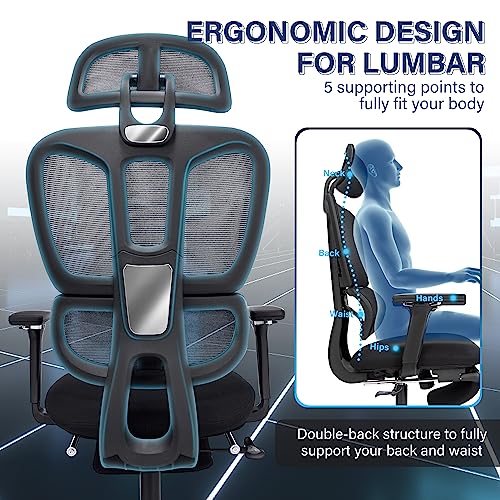 Ergonomic Mesh Office Chair with Retractable Footrest - High Back Computer Chair, Lumbar Support, 4D Adjustable Armrest and Headrest, Durable Base - Multifunctional Home Office Desk Chair for Adults