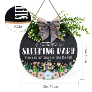 Baby Sleeping Sign for Front Door 12 Inches Funny Do Not Knock or Ring Doorbell Sign Wreath Baby is Sleeping Sign with Buffalo Plaid Bow Decoration Do Not Disturb Sign for Home Baby Room Nursery