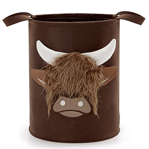 Eunikroko Highland Cow Felt Basket Brown Scottish Cattle Storage Bin Long Hair Farm Animal Laundry Organizer Decorative Portable Hamper Farmhouse Style Toys Holder with Handles Gift for Mom