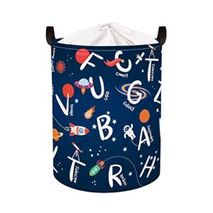 clastyle 45l universe space alphabet planet nursery laundry basket rocket round toy clothes blue storage basket for kindergarten, 14.2x17.7 in
