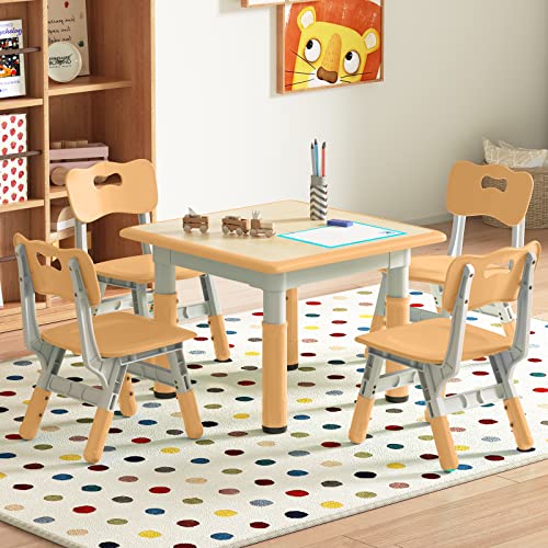 wanan Kids Table and Chair Set, Height Adjustable Toddler Table and 4 Chairs Set, Kids Table for Playing, Drawing, Eating, Studying, Easy to Clean Arts & Crafts Table for Ages 2-10 (Natural)