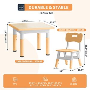 wanan Kids Table and Chair Set, Height Adjustable Toddler Table and 4 Chairs Set, Kids Table for Playing, Drawing, Eating, Studying, Easy to Clean Arts & Crafts Table for Ages 2-10 (Natural)